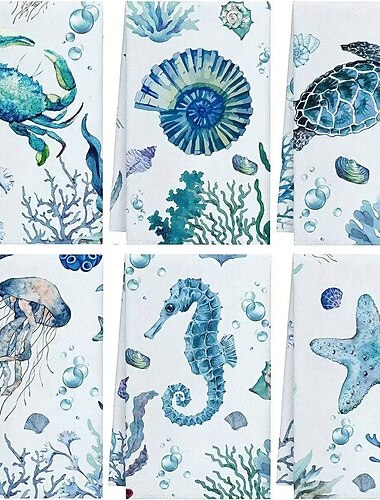 Sada 6 kuchyňských utěrek s motivem mořských želv a mořských zvířat, ultra měkké savé utěrky z mikrovlákna na vaření, pečení a úklid, dekorativní kuchyňské utěrky pro bytové dekorace.