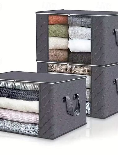 3 stk. sammenleggbare oppbevaringsbokser i vevd stoff, store oppbevaringsbokser for dyner, puter, sengetøy &klær, grå arrangører for soverom, skap, sovesal, spa