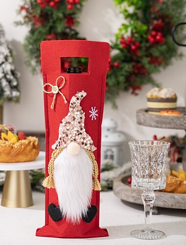 Świąteczna torba na butelkę wina Rudolph, świąteczna osłona na butelkę, dekoracja imprezowa, uroczy gnom, pokrowiec na wino, idealny akcent na świąteczny stół, domowy dodatek na imprezę