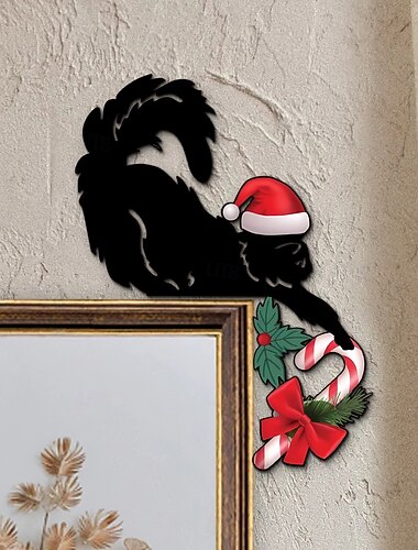 Adesivo de porta de gato preto de Natal com chapéu de Natal fofo de 10 polegadas de madeira leve para peitoril de janela de feriado criativo decoração de natal para quarto ao ar livre