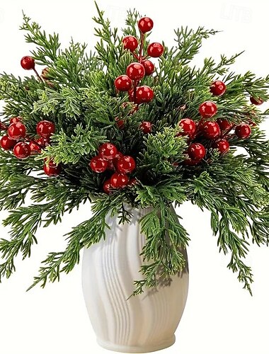 Fleurs de Noël artificielles avec tiges de baies rouges, fausses branches de pin de Norfolk pour la décoration hivernale, pics de guirlande de Noël artificiels et bricolage