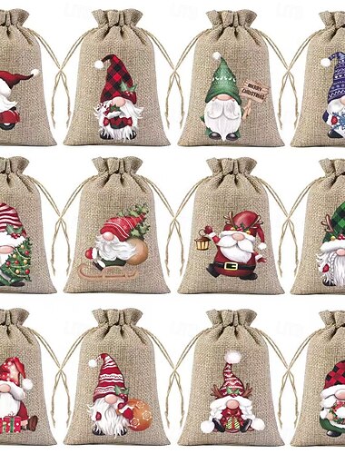 Zestaw 12 świątecznych torebek prezentowych z juty z losowymi świątecznymi wzorami, małe woreczki na upominki, idealne na święta Bożego Narodzenia i Nowy Rok