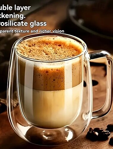 2 st dubbelväggiga glasmuggar med handtag, stor kapacitet i isolerat borosilikatglas, värmebeständigt klart glas för kaffe, te, latte, cappuccino, smoothies och kalla drycker