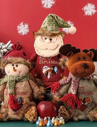 クリスマスギフトバッグ 3個セット ジッパーデザイン、サンタクロース＆トナカイのキャンディーバッグ、クリスマスイブ用アップルギフトバッグ、ホリデーパーティーデコレーション