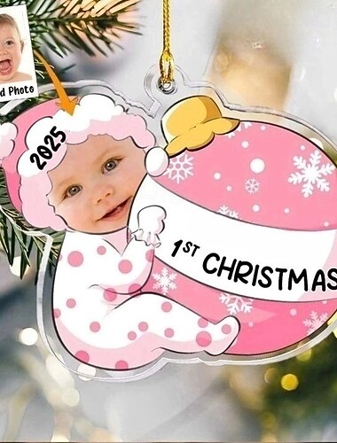 زينة عيد الميلاد الشخصية - أول عيد ميلاد - زينة شجرة عيد الميلاد بصورة وجه طفل مخصصة من الأكريليك - هدايا زينة معلقة