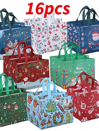 16 torebek na prezenty świąteczne – duże torby z włókniny na zakupy świąteczne, pakowanie prezentów, upominki na przyjęcia, opakowania świąteczne &torby prezentowe wielokrotnego użytku