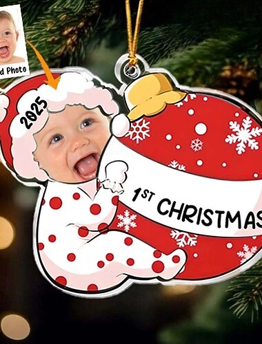 Spersonalizowane Zawieszki Bożonarodzeniowe 1. Pierwsze Boże Narodzenie Niestandardowe Niemowlęce Twarze Akryl 2D Niestandardowe Zawieszki Choinkowe Dekoracje Świąteczne Prezent w Postaci Wisiorka