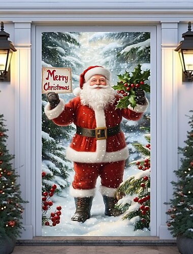 Zasłona na Drzwi Świąteczne Klasyczny Mikołaj Trzymający Znak Biegunu Północnego Zasłona Drzwiowa Wintage 2025 Święta Bożego Narodzenia Baner Wejściowy na Przyjęcie Świąteczne i Dekorację Na Zewnątrz