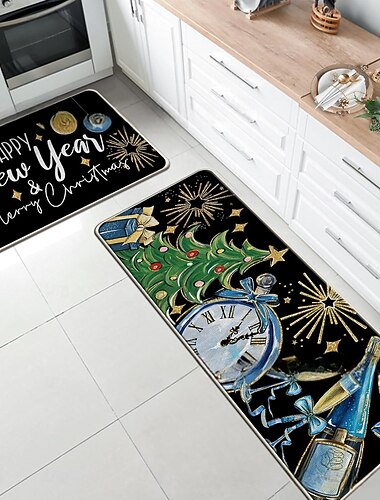 Vánoční karikaturový koberec 2-dílná sada do chodby kuchyně měkký neklouzavý koberec na praní v pračce dekorace svatého Mikuláše na svátky sváteční kuchyňský koberec