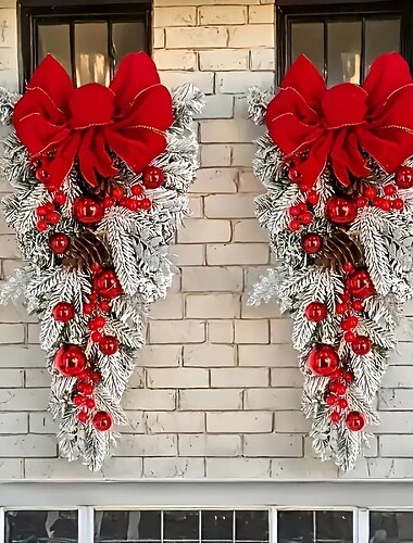 Corona navideña colgante con lazo rojo y hojas verdes, elegante adorno para escaleras y puertas, plástico duradero para decoración navideña en interiores y exteriores, perfecta para Navidad, bodas,