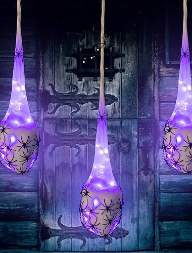 חבילה של 3 ביצי עכביש תלויות עם תאורה, קישוט ליל כל הקדושים, שקיות גדולות של עכביש וקורי עכביש עם חוט אור סולארי ואביזרי עכביש לקישוט מסיבה ליל כל הקדושים בתוך הבית וחיצוני