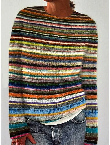 Damen Pullover Lässig Grafik Gestreift Rundhalsausschnitt Patchwork Gestrickt Langarm Normale Oberteile Stricken Arbeit Blau Grün Herbst Winter