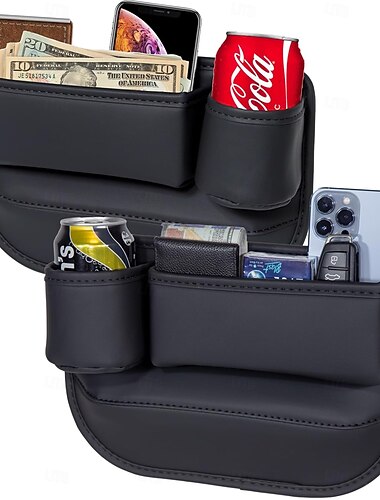 2 opakowania organizerów wypełniających szczeliny w siedzeniach samochodowych, organizer na siedzenia samochodowe, schowek w przestrzeni między siedzeniami z uchwytami na kubki na napoje, skórzany uchwyt na kubki w samochodzie, torba na telefon, okulary p