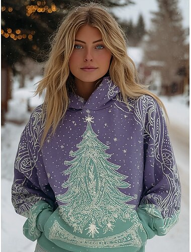 Felpa donna di Natale Albero di Natale Fiocco di Neve Pullover Hoodie Sweatshirt Calda Moda Vintage Maniche Lunghe Cardato Regolari Top Lavoro Street Dailywear Rosa Viola Verde Autunno Inverno