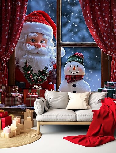 Weihnachts-Wandteppich zum Aufhängen, Schneemann, Außenfenster, Weihnachtsmann, Weihnachtsbaum, große Wandkunst, Wandbild, Dekor, Decke, Vorhang, Ferienhaus, Schlafzimmer, Wohnzimmer, festliche, saisonale Party-Dekoration