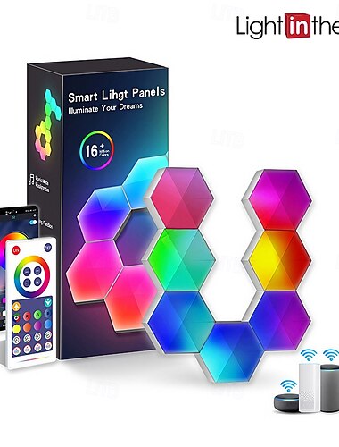 Hexagonal LED Glow Lights, RGBIC Hexagon LED Wall Lights, Wi-Fi Smart Home Creative Wall Lights with Music Sync, Works with Alexa Google Assistant, Remote APP Music Control USB, 3/6/10 Packs