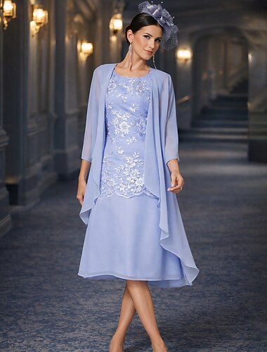  Duas Pecas Tubinho Longuette Vestido de convidada de casamento Vestido Para Mae dos Noivos Sem Manga Decorado com Bijuteria Elegante Convidado do casamento Festa de Casamento Chiffon Renda Vestidos