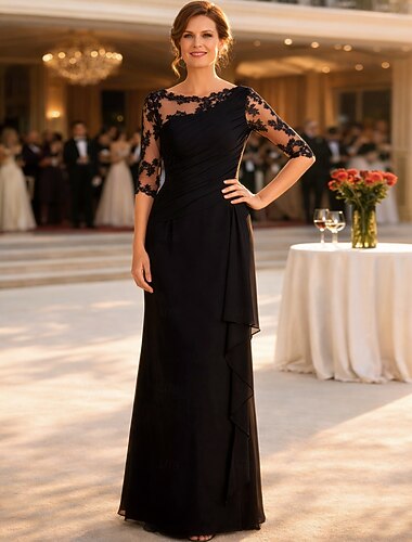  Sheath Column Floor Length Wedding Guest Dress Formal Dresses Evening Gown Mother of the Bride Dress Half Sleeve Bateau Neck Plus Size Wedding Guest Chiffon Lace with Draping Appliques