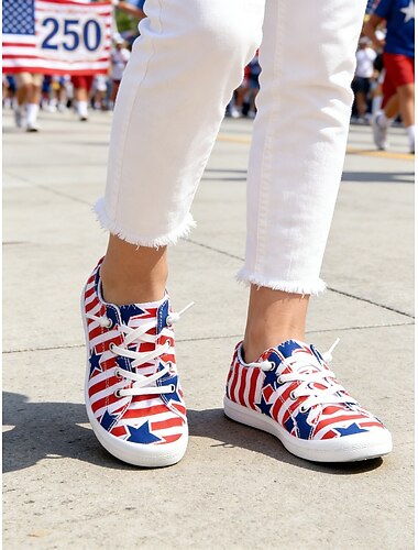Stany Zjednoczone 250-lecie Narodzin - Damskie czerwono-niebieskie buty na sznurówki z płótna - Vintage patriotyczne sneakersy na Dzień Niepodległości parady spacery po mieście podróże i codzienne