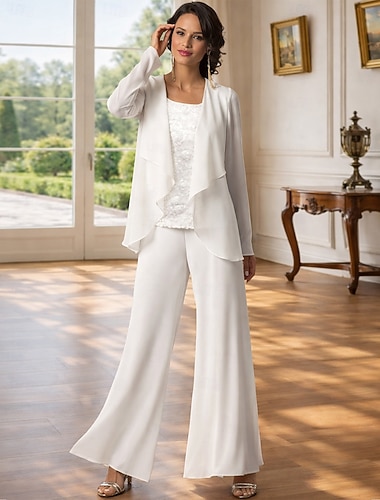 Terninho Traje de 3 peças Longo Vestido Para Mãe dos Noivos Sem Manga Barco Pescoço Elegante Tamanhos Grandes Embrulho incluido Formal Convidado do casamento Chiffon com Renda