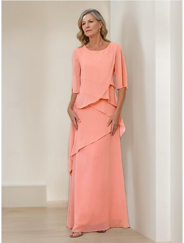 A-linje Golvlång Bröllopsgästklänning Formell klädsel Nivåklänning Klänning till brudens mor Halvlång ärm Prydd med juveler Elegant Vintage Enkel Formell Chiffong med Krusad Fallande volanger