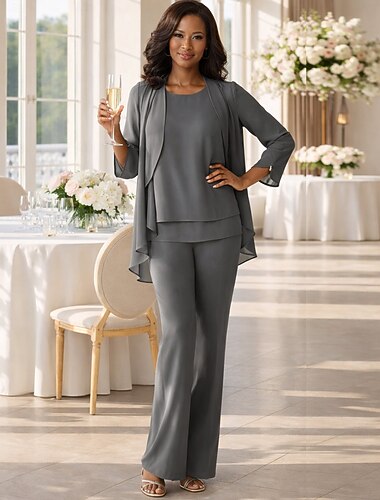  Terninho Longo Vestido Para Mae dos Noivos Manga 3/4 Decote V Elegante Convidado do casamento Chiffon com Fru-Fru