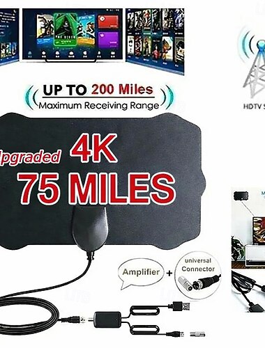 Digital HDTV-antenne til indendørs brug, 4K 1080P Smart TV-antenne med signalforstærker, 120 km rækkevidde, universalstik til gratis lokale kanaler ABC CBS NBC Fox PBS, nem opsætning