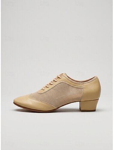 Zapatos de baile de salón beige con cordones para mujer, tacones profesionales cerrados para practicar vals, foxtrot y tango. & capacitación
