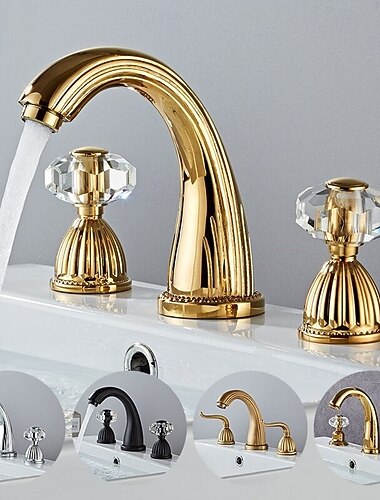  utbredt vask blandebatteri, servantkraner i messing 2 haandtak 3 hulls haandtak i retrostil i krystall, bad med varmt og kaldt vannslange