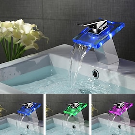 LED Bathroom Sink Faucet,Brass Waterfall 3-color Temperature Controlled Glass Spout Contemporary Style Chrome Finish Single Handle One Hole with Hot and Cold S