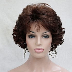 Perruque Synthétique Bouclé Ondulé Bouclé Avec Frange Perruque Court Auburn Cheveux Synthétiques Femme Au Milieu Marron