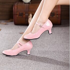 Women's Pink Glitter Dance Shoes with Mid Heel and Adjustable Strap  Sparkly Ballroom and Latin Dance Heels for Comfort and Style