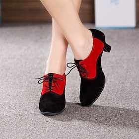 Women's Ballroom Shoes Modern Shoes Swing Shoes Indoor Professional ChaCha Heel Splicing Customized Heel Lace-up Black / Silver Black / Red