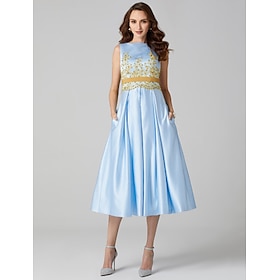 A-Line Cocktail Dresses Elegant Dress Wedding Guest Prom Tea Length Sleeveless Jewel Neck Satin V Back With Pleats Appliques 2024