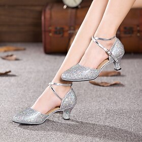 Women's Glitter Silver Dance Shoes with Ankle Straps and Mid Heels - Ideal for Salsa, Ballroom, and Party Events