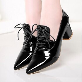 Women's Pumps Oxfords Lace Up Sandals Strappy Sandals Plus Size Daily Solid Colored Summer Block Heel Pointed Toe Comfort Walking Patent Leather PU Lace-up Bla
