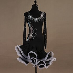 Dance Salsa Latin Dance Dress Crystals / Rhinestones Women's Training Long Sleeve High Spandex Tulle