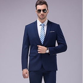 Navy Blue Men's Wedding Suits Solid Colored Tailored Fit Single Breasted One-button 2022