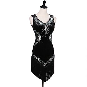Dance Salsa Latin Dance Dress Fringed Tassel Crystals / Rhinestones Women's Training Performance Sleeveless High Pleuche