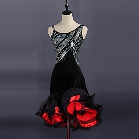 Dance Salsa Latin Dance Dress Split Joint Crystals / Rhinestones Women's Performance Sleeveless Spandex Organza / Ballroom