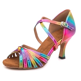 Women's Rainbow Latin Dance Shoes with Strappy Design and Suede Sole - Colorful Ballroom Salsa Heels