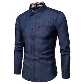 Men's Dress Shirt Button Up Shirt Collared Shirt Denim Shirt Navy Blue Light Blue Long Sleeve Plain Classic Collar Summer Spring   Fall Wed