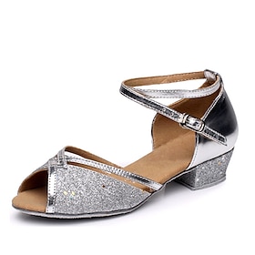Women's Latin Shoes Ballroom Dance Shoes Line Dance Practice Sparkling Shoes Heel Low Heel Toggle Clasp Silver Blue Fuchsia