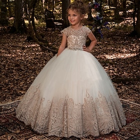 Ball Gown Floor Length Flower Girl Dress Birthday Girls Cute Prom Dress Cotton With Lace Lace Back Fit 3-16 Years