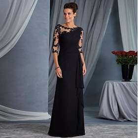 Sheath Black Dress Evening Gown Elegant Dress Formal Evening Floor Length Half Sleeve Jewel Neck Fall Wedding Guest Lace With Appliques 202