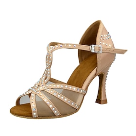 Women's Rhinestone Latin Dance Shoes with Soft Suede Sole  Elegant Satin T-Strap Ballroom Heels for Salsa, Tango, Bachata  Performance Events
