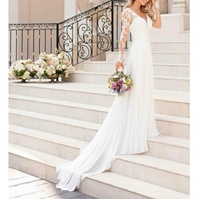 Beach Wedding Dresses A-Line V Neck Long Sleeve Court Train Chiffon Bridal Gowns With Lace Insert 2024