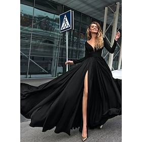 A-Line Evening Gown Empire Black Dress Holiday Wedding Guest Floor Length Long Sleeve V Neck Chiffon V Back With Slit Pure Color 2024