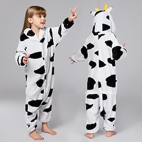 1 pcs Animal Band Costume Kigurumi Pajamas Fancy Costume Nightwear Animal Cartoon Milk Cow Warm Pajamas Funny Costume Kid's Unisex Boys and Girls Halloween Car
