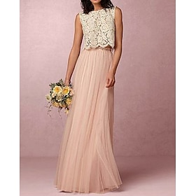 A-Line Bridesmaid Dress Jewel Neck Sleeveless Two Piece Floor Length Chiffon / Lace With Pleats 2023